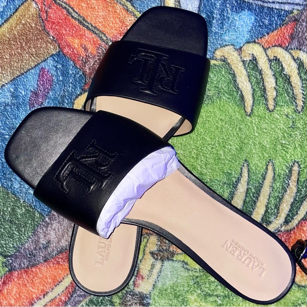 Lauren Ralph Lauren Black Slide Sandals with Embossed Logo